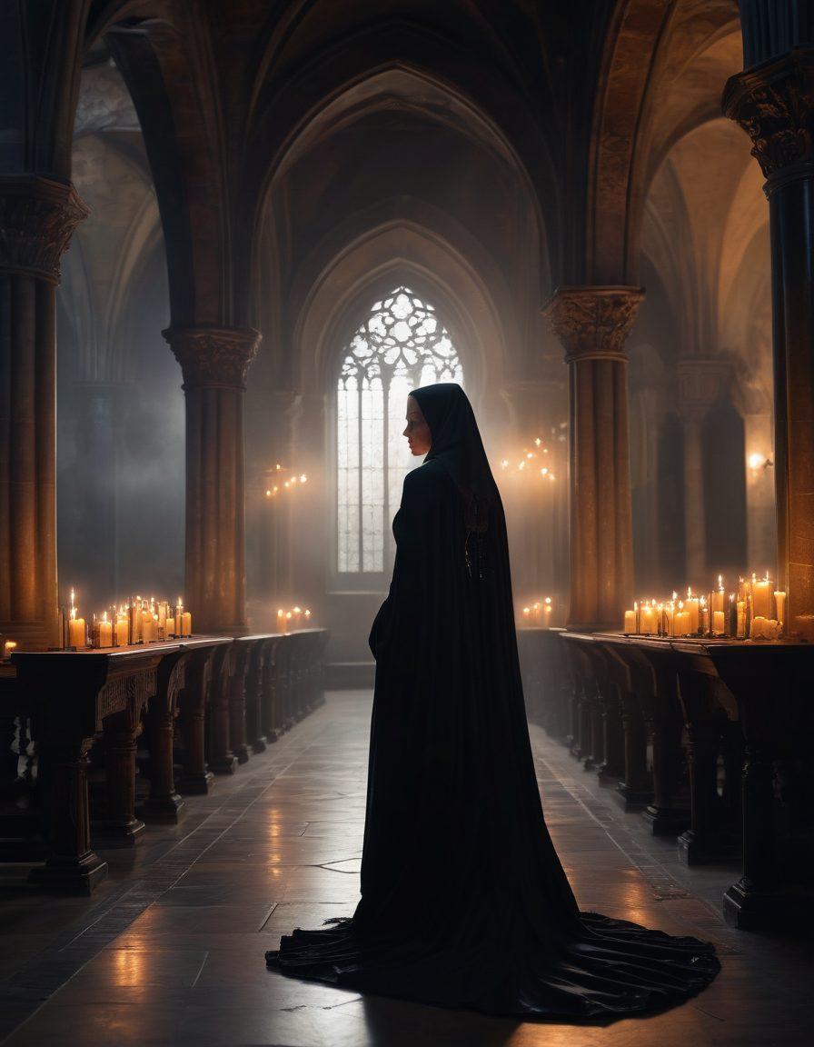 A mysterious dark nun draped in flowing, shadowy robes, standing in a dimly lit chapel, candles flickering around her, highlighting the intricate patterns on her garment. Ethereal wisps of smoke swirl around, symbolizing spirituality, while a backdrop of gothic arches looms in the shadows. Subtle hints of glowing light emanate from ancient texts scattered on the altar. The atmosphere is both serene and enigmatic, inviting viewers into a realm of contemplation. super-realistic. dark and moody tones. intricate details.