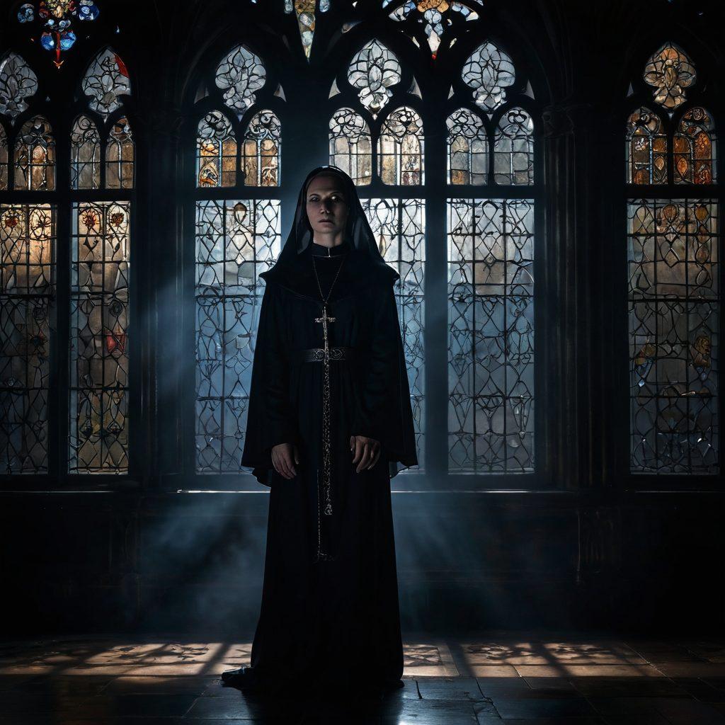 A mysterious dark nun shrouded in shadows, standing in a dimly lit, ancient Gothic chapel adorned with intricate stained glass windows. Wisps of ethereal mist surround her, symbolizing the enigmatic essence of feminine spirituality. The nun's expression is contemplative, reflecting the duality of light and darkness. Gothic architecture looms in the background, enhancing the mystical atmosphere. super-realistic. dark tones. ethereal lighting.